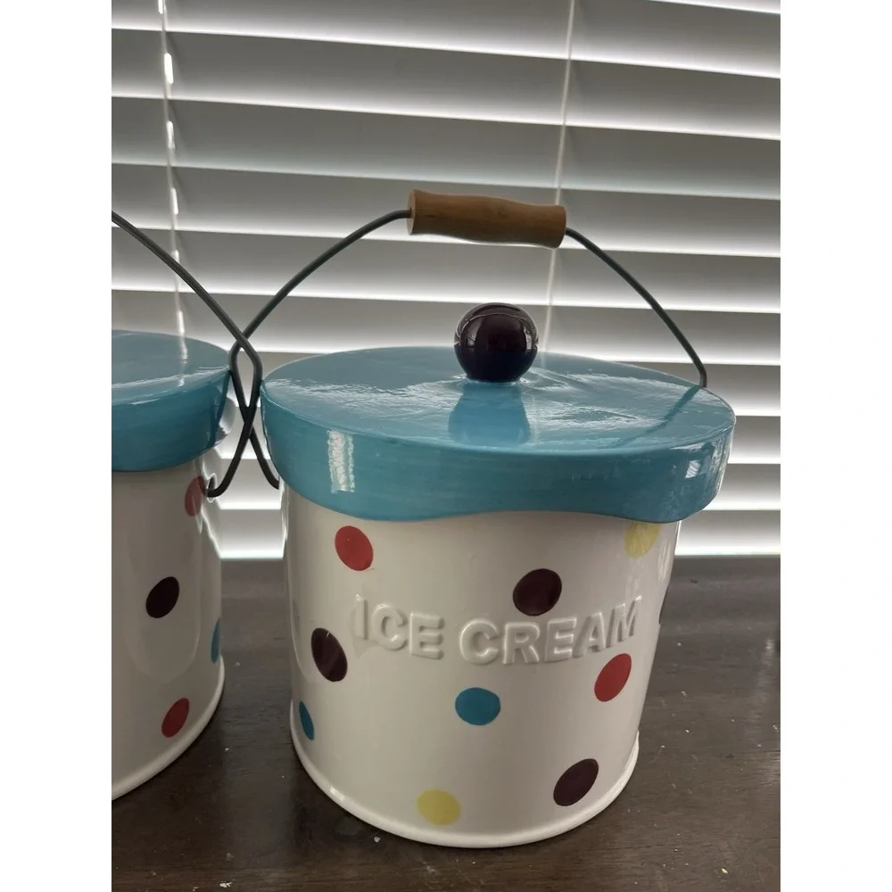Main Ingredients Ceramic Ice Cream Server Pail Earthenware Polka Dot Cookie Jar
